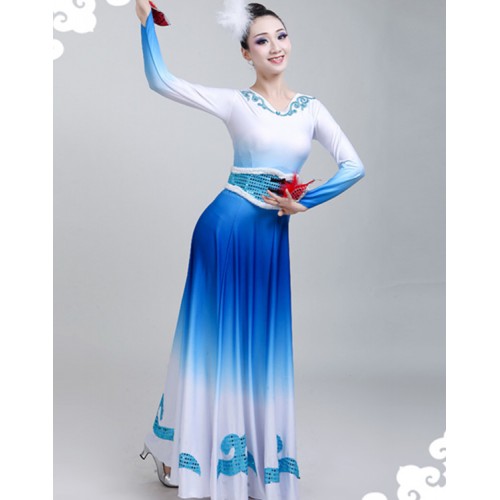 Women's white with blue chinese folk dance dresses ancient traditional classical dance lead dancers dresses